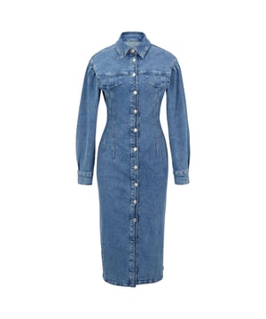 Stof: Denim. Ontwerp: Eenvoudig. Bevestiging: Knop. Voorste split. Halsuitsnijding: Omgeslagen kraag. Mouwtype: Met lange mouwen. Lengte: Midi. Zakken: Contrastzak. Manchet: Geknoopt. 6 VK: 30 in. 8 UK: 32 in. 10 VK: 33 in. 12 VK: 35 in.