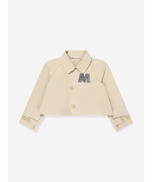 Marni embody innovation and high quality detailing in their sleek, everyday pieces. This girls short jacket is woven in a gabardine car style. Inspired by utilitarian archives. It showcases a Rhinestones" logo patch on the front via the heart side. There is also a front button closure for easy dressing. Long Sleeves 100 Cotton