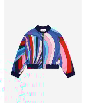 Emilio Pucci embody innovation and timeless luxury in their designs. This girls multicolour short jacket is a captivating everyday piece to be adored. Made in Italy Varsity Style Collar Trims Pockets Archival 'Maddena' Motif From the 60s Multicoloured Print Ribbed Trims Silver Embellished Zip 96 Viscose, 4 Elastane Lining 100 Cotton