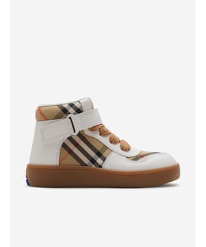 Introducing the Kids Sheldon Check Trainers in White by Burberry Kids a quintessential selection for stylish young ones in SS2025. Each pair reflects superior craftsmanship and timeless British elegance. Perfect for both boys and girls, these trainers elevate casual sophistication. Key features include Iconic Check Detail Classic Burberry check infuses a chic, prestigious look. Luxury Leather Crafted with premium leather ensuring durability and comfort. Versatile Aesthetic Suits myriad outfits, from casual playdates to more refined occasions. Slip-resistant Sole Provides safety and confidence in every step.Embrace excellence for your childs wardrobe with these must-have trainers.