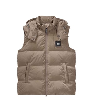 Buitenste materialen: 100% Nylon. Vulmateriaal: 70% dons, 30% veer. Voering: Polarfleece, PU (Polyurethaan). Ontwerp: Badge, Logo, Effen, Gewatteerd. Merkzakje Pull. Halslijn: Kap, staande kraag. Mouwtype: Mouwloos. Kenmerken van de kap: Afneembare kap, trekkoord. Sluiting: Volledige ritssluiting, verborgen ritssluiting, drukknoopsluiting. Zoom: Trekkoord. S: 40 in. M: 42 in. L: 44 in. XL: 50 in. XXL: 53,5 in.