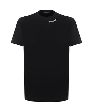 Elevate your casual wardrobe with the Dsquared2 Cool Fit Logo Around Collar Black T-Shirt. Crafted from 100% premium cotton, this men's t-shirt offers exceptional comfort and breathability for all-day wear. Its sleek black design is enhanced by the distinctive Dsquared2 logo elegantly encircling the collar, adding a subtle yet stylish statement. Perfect for pairing with jeans or layering under jackets, this t-shirt combines quality and contemporary fashion effortlessly. Experience the blend of comfort and iconic style that makes this piece a must-have for any modern wardrobe