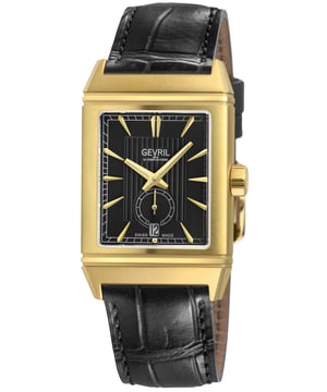 Gevril 49703 Men's Time Square Swiss Automatic Watch

31x40mm Rectangle 316L Stainless Steel IPYG Polished/Satin Case
Black Embossed Dial, White Index, Date at 6, Second Hand Sub Dial
IPYG Push/Pull Crown with Logo
Screw down Exhibition Case back 
Black Handmade Italian Leather Strap with Tang Buckle
Anti-reflective Sapphire Crystal on front and rear
Water Resistant to 50 Meters/5ATM
Swiss Made Automatic Movement  ETA 2895/2