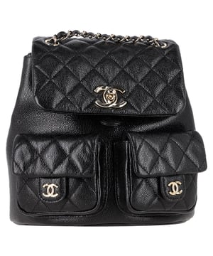 VINTAGE, RRP AS NEW
Where iconic design meets everyday practicality, the Chanel Small Duma Backpack is crafted in shiny black caviar leather, offering durability with unmistakable luxury. The signature diamond quilting is paired with light gold-tone hardware, including leather-threaded chain straps, two exterior pockets, and the classic CC turn-lock flap closure. A cinch-cord drawstring adds structure and function, opening to a spacious black fabric interior with a patch pocket—making this piece as useful as it is beautiful.


Chanel Shiny Caviar Quilted Small Duma Pockets Backpack in Black Leather
Condition: Excellent
Signs of wear: No retail tag, No visible sign of wear., 
Packaging: None
Color: black
Material: Leather | leather
Size: One Size | One Size
Measurements: Width: 100; Height: 200; Length: 160
SKU: NAPPUGBBA525826W