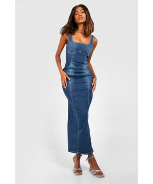 Figure-hugging maxi dress with stretch denim fabric
        Distinctive seam detailing for added visual interest
        Square neckline and thick straps for a flattering silhouette
        Side slit for ease of movement and a touch of allure
        Versatile design suitable for various casual occasions
    
    Make a statement in this striking stretch denim maxi dress that combines comfort with style. The form-fitting silhouette accentuates your curves while the seam detailing adds a unique touch to the classic denim look. Perfect for those who want to stand out at casual events, this dress can be easily dressed up or down. Pair it with strappy heels and statement earrings for a chic daytime look, or throw on a denim jacket and trainers for a more relaxed vibe. The side slit offers both practicality and a hint of glamour, making it ideal for summer barbecues, casual dates, or weekend brunches with friends. This Boohoo dress embodies the brand's ethos of trendy, inclusive fashion that doesn't compromise on style or comfort, making it a must-have addition to any fashion-forward wardrobe.