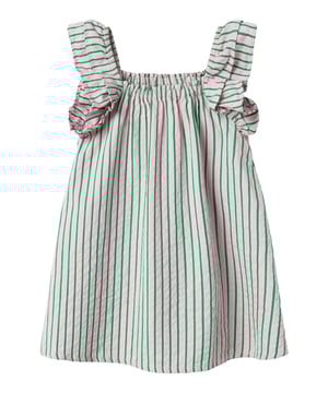 Dieses luftige Minikleid ist perfekt für warme Tage und verspielte Styles! Die breiten Träger mit Rüschchensaum verleihen dem Kleid einen süßen, mädchenhaften Look. Der Trapezausschnitt und das dehnbare Halsbündchen sorgen für angenehmen Tragekomfort und ein einfaches An- und Ausziehen. Mit seinem lockeren Schnitt bietet das Kleid viel Bewegungsfreiheit – ideal zum Toben, Spielen oder einfach zum Wohlfühlen. Die gestreifte Optik bringt sommerliche Frische in deinen Look, während das eingenähte Label innen das Design dezent abrundet. Einfach reinschlüpfen und wohlfühlen!