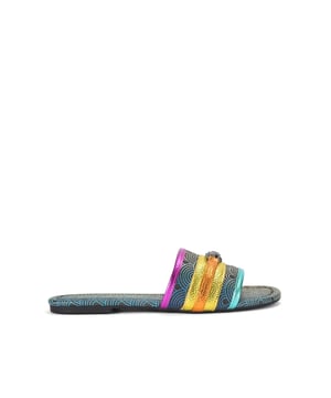 This Kurt Geiger Southbank Flat Sandal features a black canvas upper with ombre rainbow print. There is an antiqued silver eagle head on the toe strap.