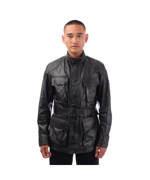 Buckle-adjusted collar.Centre front zip fastening  snap button placket.4 snap button bellows pockets  signature tilted chest pocket.Metal plaque on sleeve.Archival check lining.Classic belted Belstaff shape.Hand-waxed leather  washed and treated for a worn effect.