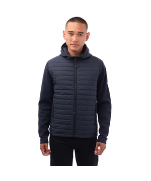 Mens Belstaff Vert Full Zip Cardigan in navy.- Adjustable drawcord detail at neck with drawcord.- Centre front zip fastening.- Zip pocket fastenings.- Tonal direct embroidered Belstaff phoenix patch on left sleeve.- Mixed media hooded style cardigan with channel shell fabric front.- 100% Polyester. - Ref: 104626DKINK