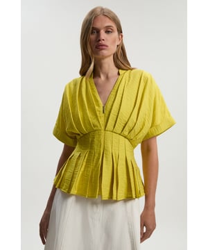 Pleated Neck Tie Detail Woven Short Sleeve Shirt