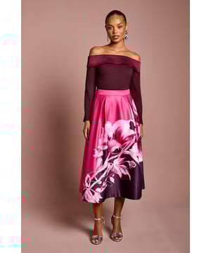 Petite Placement Print Satin Midi Skirt