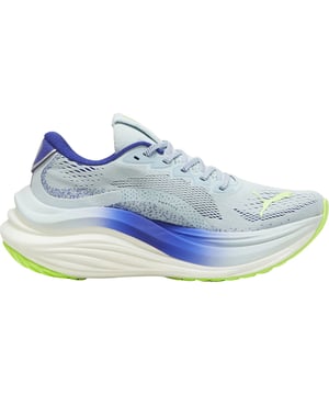 The PUMA MagMax NITRO Women’s Blue Running Shoes are designed for runners who crave maximum cushioning and bold, modern style. With a high-stack midsole, responsive NITRO foam, and a secure fit, these shoes deliver a plush, stable ride ideal for long distances or recovery runs. The vibrant blue colourway adds fresh energy to your stride, whether you’re on the road or on the move.
Key Features
NITROFOAM Midsole

Super-light and responsive cushioning made with nitrogen-injected foam for soft landings and efficient energy return.

High Stack Height Design

Offers a thick, cushioned base for ultimate comfort and support over long distances.

Engineered Mesh Upper

Lightweight and breathable with a soft feel, allowing airflow and flexibility while maintaining structure.

PUMA Grip Rubber Outsole

Durable outsole compound provides strong traction and reliable grip on roads and pavements.

Roomy Fit

Wider base and generous toe box accommodate a range of foot shapes for added comfort.

Padded Collar and Tongue

Adds extra cushioning and support around the ankle for a secure, comfortable fit.

Stylish Blue Colourway

A bold, modern finish that combines high performance with everyday wear appeal.