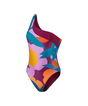 80% Polyamide, 20% Elastaan. Stof: Rekken. Ontwerp: Abstract, Asymmetrisch, Digitale print, Logo. Halsuitsnijding: Eén Schouder. Bevestiging: Pull-On. Rugstijl: V-Back. Stoftechnologie: Chloorbestendig, Creora Highclo, Duurzaam, ECO EnduraBrite, Lichtgewicht, Sneldrogend. Hoog been.