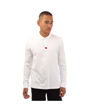 Mens Hugo Deresolo222 Polo Shirt in white.- Flat-knit collar.- Long sleeves with refined ribbed trims.- Two button placket.- Small red Hugo logo patch.- Slim fit.- 100% Cotton.- Ref: 50540723100