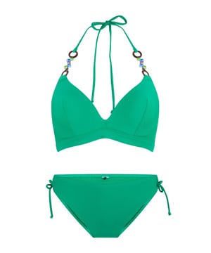 Ready to shine in de serie black of Fuchsia! Deze set bestaat uit een triangel bikini top die  is voorgevormd en heeft verstelbare touwtjes in de nek. Bij de set zit een bikini broekje! De accessoires aan de bandjes maken de look af!