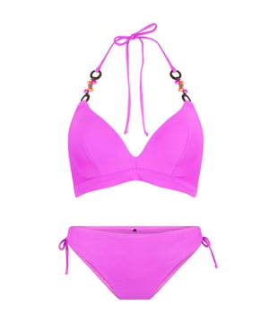 Ready to shine in de serie black of Fuchsia! Deze set bestaat uit een triangel bikini top die  is voorgevormd en heeft verstelbare touwtjes in de nek. Bij de set zit een bikini broekje! De accessoires aan de bandjes maken de look af!