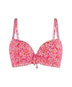 Rise & shine in deze geweldige serie! Deze serie trekt zeker de aandacht door de luxe structuur stof en gouden accessoire. De bikini is voorgevormd, heeft verstelbare schouderbandjes en is voorzien van een beugel. Hierdoor is deze bikini ook zeer geschikt voor de grotere maten.
