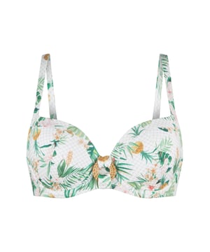 Rise & shine in deze geweldige serie! Deze serie trekt zeker de aandacht door de luxe structuur stof en gouden accessoire. De bikini is voorgevormd, heeft verstelbare schouderbandjes en is voorzien van een beugel. Hierdoor is deze bikini ook zeer geschikt voor de grotere maten.