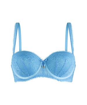 Powder Puff… Deze rustige maar toch sprekende serie met veel kant mag niet ontbreken in je collectie. Deze Balconette bh met beugel is op de cups afgewerkt met trendy kant en tussen de cups is een sierlijk strik detail bevestigd. De bandjes zijn afneembaar. De BH kan strapless gedragen worden.