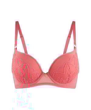 Coral Tones.... Een echte frisse serie voor dit seizoen! Deze romantische serie met veel kant mag niet ontbreken in je collectie. Deze gel bh met beugel is op de cups afgewerkt met trendy kant en tussen de cups is een sierlijk strik detail met gouden hangertje bevestigd.