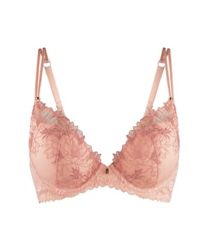 Coral Tones.... Een echte frisse serie voor dit seizoen! Deze romantische serie met veel kant mag niet ontbreken in je collectie. Deze gel bh met beugel is op de cups afgewerkt met trendy kant en tussen de cups is een sierlijk strik detail met gouden hangertje bevestigd.