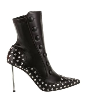 Composition: 100% calf leather  

Inner: Leather
Insole: Leather
Sole: Leather
Pointed toe
Side zip closure
Decorative studs
Heel 8,5 cm
Small imperfection on the side
On-tone decoratine buttons
Made in  Italy
Gender: WOMEN
Product code: 60191 559988
Barcode: 9990002213002
Code: SHO MQ 2 BT FW22 10251
 Measurments:  height: 85 mm