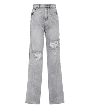 Verfraaid  Stone washed denim 5 pocket broek met leren inzetstukken en strass-steentjes. Enkele metalen knoopsluiting.  Ruw gesneden onderkant. Pasvorm: Palace.