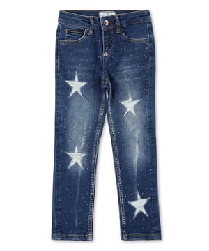 Estos pantalones de denim elástico están adornados con efectos desgastados, bordados y adornos de cristal. La firma de Philipp Plein tipo joya se presenta en la pretina. Botón único en la cintura. Bajo tipo puño sin rematar. Corte: Basic.