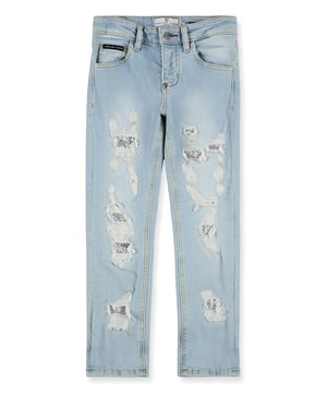 Estos pantalones de denim elástico desgastado con cinco bolsillos presentan efectos rotos y remiendos con malla metálica. Presentan el logotipo hexagonal aplicado en la parte posterior. Cierre de un botón en la cintura. Corte: Boyfriend.