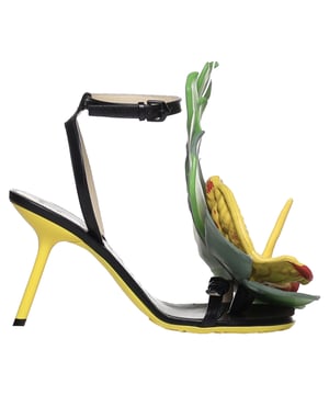 Composition: 100% Lamb Leather  

Inner: 100% Leather
Insole: 100% Leather
Heel: 3.0 cm / 7.62 in
Round toe
Ankle side buckle fastening
Heel 9 cm
Monstera leaf and anthurium flower made of lightweight foam
Asymmetric heel
Debossed Anagram sole
Gender: WOMEN
Product code: L814465X55 1100
Code: SHO LW 2 SN SS P00006 302
 Measurments:  height: 76 mm