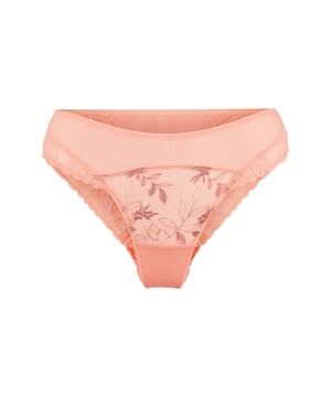Coral Tones.... Een echte frisse serie voor dit seizoen! Deze romantische serie met veel kant mag niet ontbreken in je collectie. De string is semi-transparant aan de voor- en achterzijde en is afgewerkt met een strikje met gouden detail aan de achterzijde.