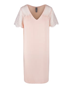 Blossoming elegance in full bloom! Entdecke Dusty Desert: eine stylische Wahl. Mit kurzen Ärmeln, einem V-Ausschnitt und Spitzenbesatz. Länge bis zu den Knien.