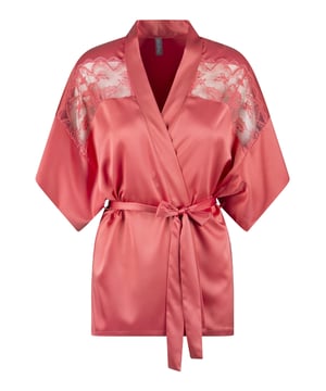 "Shell overcomes itself." De satijnen kimono heeft een mooie korte lengte. De schouders zijn afgewerkt met embroidery.  Je kunt de ceintuur gebruiken om de kimono naar wens te tailleren