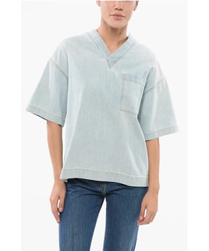Lente-Zomer, V-hals, Gemaakt in Italië, Lichtblauw, Borstzak, Denim katoen, Korte mouwen, P629254