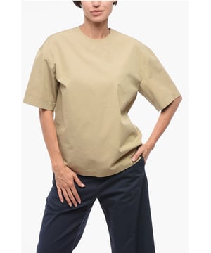 Frühling-Sommer, Rundhalsausschnitt, Beige, Knöpfe, Kurze Ärmel, Rückseitiger Verschluss, Made in Italy, P629252
