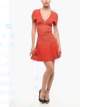 Herbst-Winter, Plissee-Details, Rot, Kurze Ärmel, Plissee, Made in Italy, Ausgestellter Rock, FRENCH CHARM, P692633