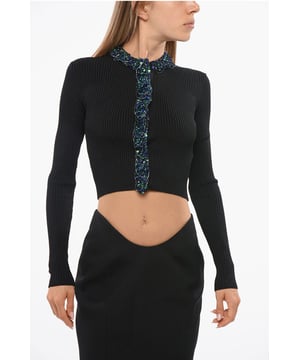 Otoño-Invierno, Negro, Botones, Manga larga, Lentejuelas, Hecho en Italia, Cárdigan, Escote redondo, ENCANTO FRANCÉS, P692637