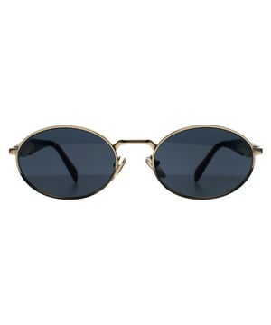 Prada Oval Womens Pale Gold Dark Grey PR65ZS  Sunglasses reveal a sleek, full-rim metal frame meticulously crafted for understated luxury, featuring a subtly rounded shape that exudes effortless refinement while ensuring lightweight comfort.