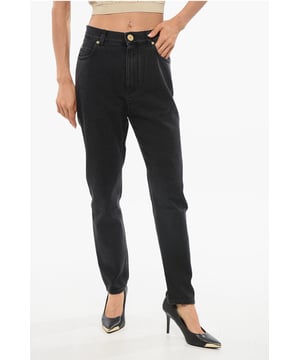 Otoño-Invierno, Negro, Lavado oscuro, Denim elástico, 5 bolsillos, Algodón vaquero, Botones, Cierre de cremallera, Trabillas para cinturón, Logotipo, Hecho en Italia, Corte recto, Casual, Encanto francés, P692665, Tobillo: 15 cm - Corte ajustado