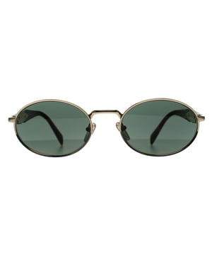 Prada Oval Womens Pale Gold Dark Green PR65ZS  Sunglasses reveal a sleek, full-rim metal frame meticulously crafted for understated luxury, featuring a subtly rounded shape that exudes effortless refinement while ensuring lightweight comfort.