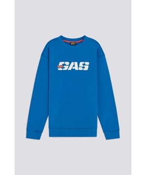 Sudadera de cuello redondo cepillado con dobladillo y puños de canalé. La prenda, de corte relajado, luce el icónico logotipo GAS en la parte delantera para una actitud deportiva a la vez que contemporánea.   Características principales:  En tejido de sudadera diagonal cepillado Corte amplio Dobladillo y puños de canalé Estampado en la parte delantera