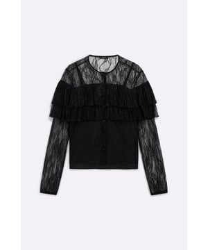Elegante y sensual, esta camisa de encaje para mujer es una pieza refinada perfecta para las ocasiones más chic. Los volantes de la parte delantera la hacen aún más sofisticada.   Características principales:  Encaje Corte recto Volantes en la parte delantera