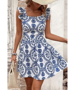 Blaues Blumendruckdesign  
Rüschen und gebundenes, rückenfreies Stil  
Faltige Schulterdetails  
Taillierter Oberkörper  
Schwingender A-Linien Mini-Länge  
Ideal für Partys und elegante Veranstaltungen  
Material: 100% Polyester