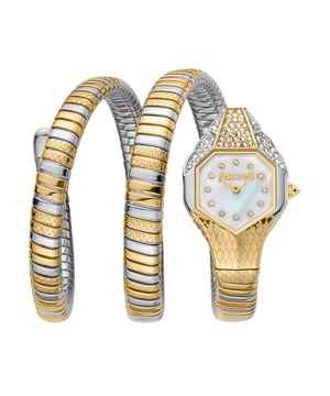 Silver-tone stainless steel case with a multi-color stainless steel bracelet. Fixed yellow gold-tone stainless steel bezel. Mother of pearl dial with yellow gold-tone hands and index hour markers. Dial Type: Analog. Quartz movement. Scratch resistant mineral crystal. Round case shape, case size: 22 mm, case thickness: 8 mm. Band width: 10 mm, band length: 7.5 inches. Water resistant at 3 meters / 10 feet. Functions: hour, minute. Snake Series. Fashion watch style. Just Cavalli Snake Mother of Pearl Dial Ladies Watch JC1L193M0055.
