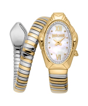 The Just Cavalli Snake collection watch (SKU: JC1L357M0055) features a 25.0 mm oval stainless steel case with a closed back and mineral crystal for durability. It is equipped with a stylish two-tone silver and gold stainless steel bracelet, adding a luxurious touch to its design. The elegant white mother-of-pearl dial is powered by a precise quartz movement, ensuring reliable timekeeping. With water resistance up to 30 meters (100 feet), this watch blends sophisticated style with everyday practicality. Its UPC is 4894626287510.
