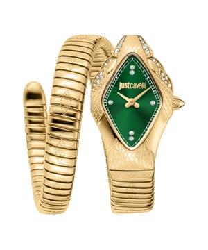 The Just Cavalli Signature Snake watch (SKU: JC1L306M0045) is a striking and elegant timepiece featuring a 22.0 mm round stainless steel case with a closed back and durable mineral crystal. It comes with a gold-tone stainless steel bracelet band measuring 13.0 mm in width and 8.0 inches in length, secured with a deployment clasp for a comfortable and secure fit. The vibrant green dial adds a bold touch, while the pull-and-push crown and precise quartz movement ensure reliable timekeeping. Water-resistant up to 30 meters (100 feet), this watch combines fashion and function effortlessly. UPC: 4894626247415.