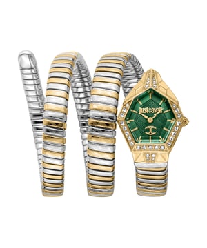 Yellow gold-tone stainless steel case with a multi-color stainless steel bracelet. Fixed yellow gold-tone stainless steel bezel. Green dial with yellow gold-tone hands and index hour markers. Dial Type: Analog. Quartz movement. Scratch resistant mineral crystal. Unique case shape, case size: 22 mm, case thickness: 8 mm. Band width: 12 mm, band length: 7.5 inches. Water resistant at 30 meters / 100 feet. Functions: hour, minute. Mesmerizing Series. Fashion watch style. Just Cavalli Mesmerizing Quartz Green Dial Ladies Watch JC1L304M0065.