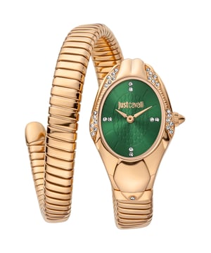 The JC1L183M0035 Just Cavalli Women's Watch embodies timeless elegance with its asymmetrical rose gold stainless steel case and a striking green dial. Measuring 22 x 35 mm, this sophisticated timepiece features a sleek 10 mm rose gold band and offers 3 ATM water resistance, making it perfect for any occasion.