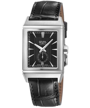 Gevril 49700 Men's Time Square Swiss Automatic Watch
Where Urban Geometry Meets Swiss Precision

At the beating heart of Manhattan stands Times Square—where towering steel, luminous energy, and bold expression converge. The Gevril Times Square Collection pays homage to this iconic crossroads with a timepiece engineered for men who lead with presence and leave a lasting impression.

Crafted with a striking 31 x 40 mm rectangular 316L stainless steel case, the Times Square exudes strength through symmetry. The polished and satin finishes dance along its angular silhouette, mirroring the architectural rhythm of New York’s most recognized skyline.

Beneath its anti-reflective sapphire crystal lies a tactile black embossed dial, marked by refined indices, a framed date aperture at 6 o’clock, and a recessed small seconds subdial—each element precisely proportioned for both clarity and character.

Powered by the revered Swiss-made ETA 2895-2 automatic movement, the Times Square pairs enduring mechanical reliability with elegant minimalism. A sapphire exhibition caseback reveals the intricate heartbeat of the movement—quietly powerful, always in motion.

Secured by a handmade Italian leather strap and water resistant to 50 meters, this timepiece is as versatile as the city it’s named for—bold enough for the boardroom, sophisticated enough for evening engagements.

31x40mm Rectangle 316L Stainless Steel Polished/Satin Case
Black Embossed Dial, White Index, Date at 6, Second Hand Sub Dial
SS Push/Pull Crown with Logo
Screw down Exhibition Case back 
Black Handmade Italian Leather Strap with Tang Buckle
Anti-reflective Sapphire Crystal on front and rear
Water Resistant to 50 Meters/5ATM
Swiss Made Automatic Movement  ETA 2895/2