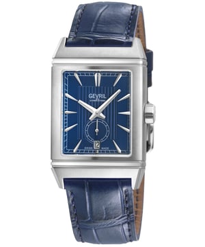 Gevril 49701 Men's Time Square Swiss Automatic Watch

31x40mm Rectangle 316L Stainless Steel Polished/Satin Case
Blue Embossed Dial, White Index, Date at 6, Second Hand Sub Dial
SS Push/Pull Crown with Logo
Screw down Exhibition Case back 
Blue Handmade Italian Leather Strap with Tang Buckle
Anti-reflective Sapphire Crystal on front and rear
Water Resistant to 50 Meters/5ATM
Swiss Made Automatic Movement  ETA 2895/2